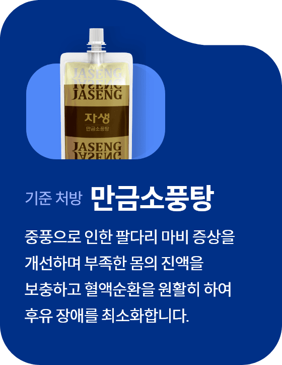 대표처방 만큼소풍탕 중풍으로 인한 팔다리 마비 증상을
									개선하며 부족한 몸의 진액을
									보충하고 혈액순환을 원활히 하여
									후유 장애를 최소화합니다.
